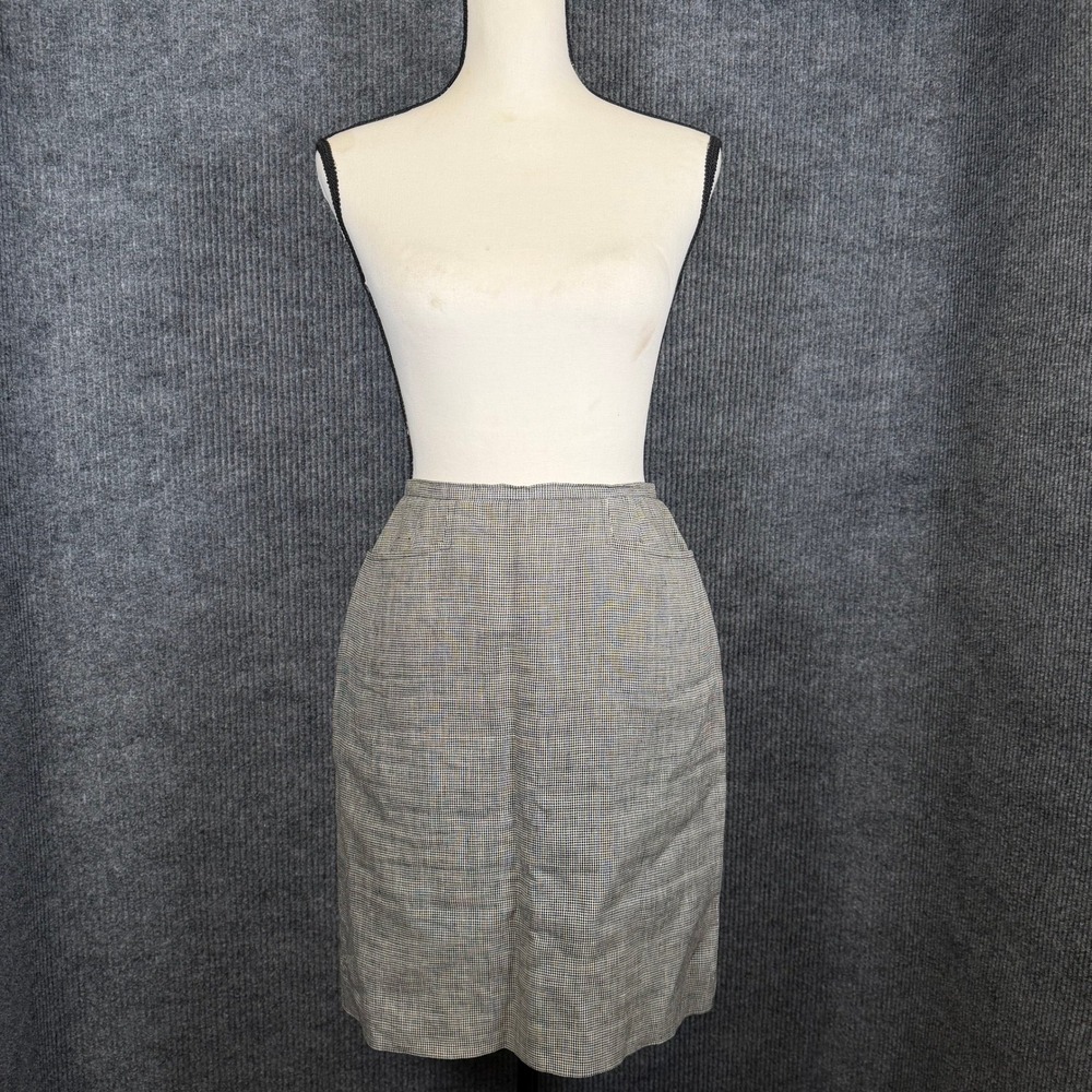 VTG Talbots Micro Houndstooth Pencil Skirt Womens 4 Black White Irish Linen Chic